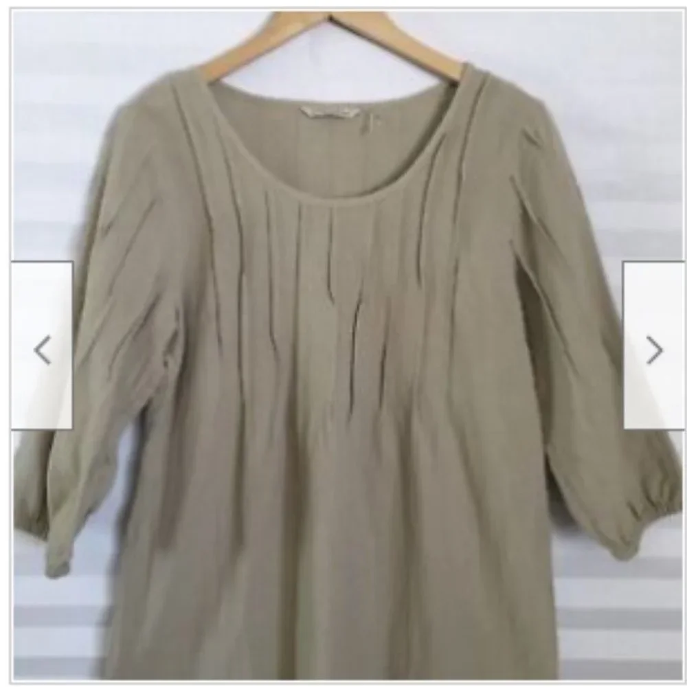 Soft‎ Surroundings Women's Tan 3/4 Sleeve Pleated Scoop Neck Top Blouse